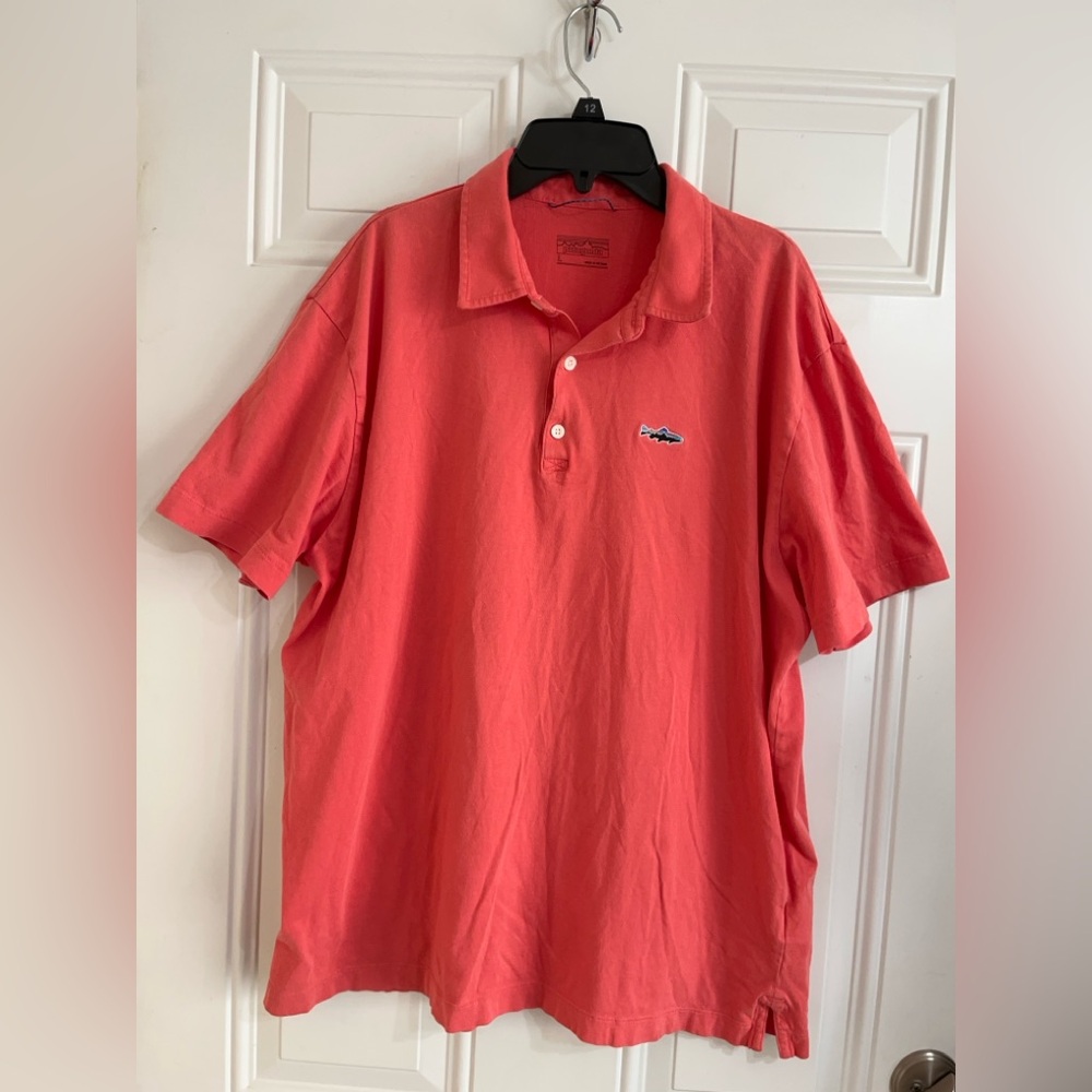Patagonia‎ Trout Fitz Roy Polo Shirt Spiced Coral Pink Men’s L Outdoor Fishing